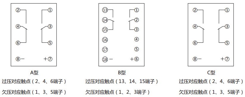 JCDY-2A/C直流电压继电器内部接线及外引接线图(背视图)
